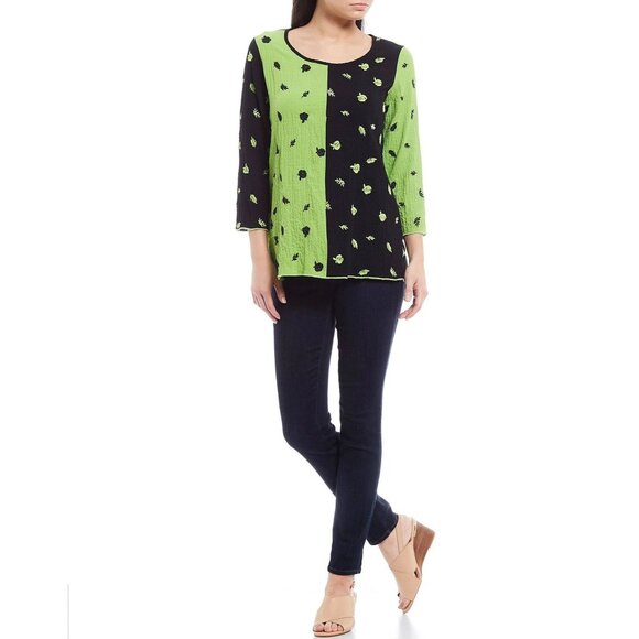 Ali Miles Tunic Top Large Green Floral Embroidered Long Sleeve Colorblock - Picture 2 of 11